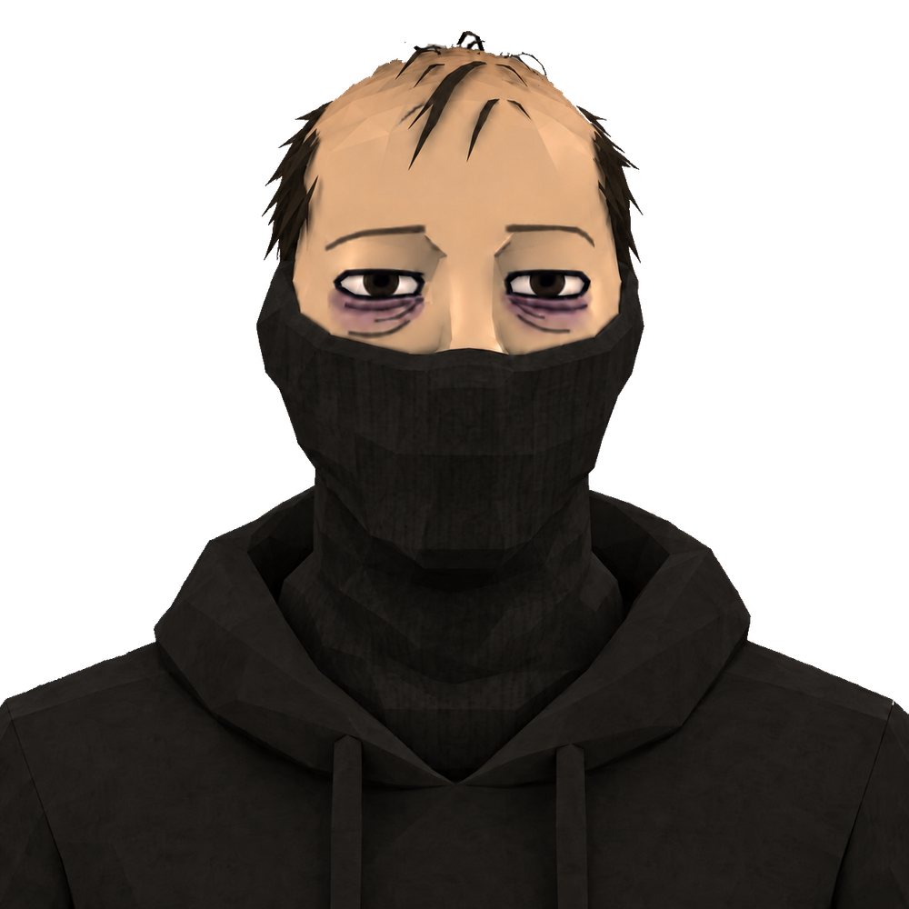 Riotard: a low-poly man with sparse balding hair, tired bruised eyes and a black mask pulled over his nose, wearing a black hoodie.